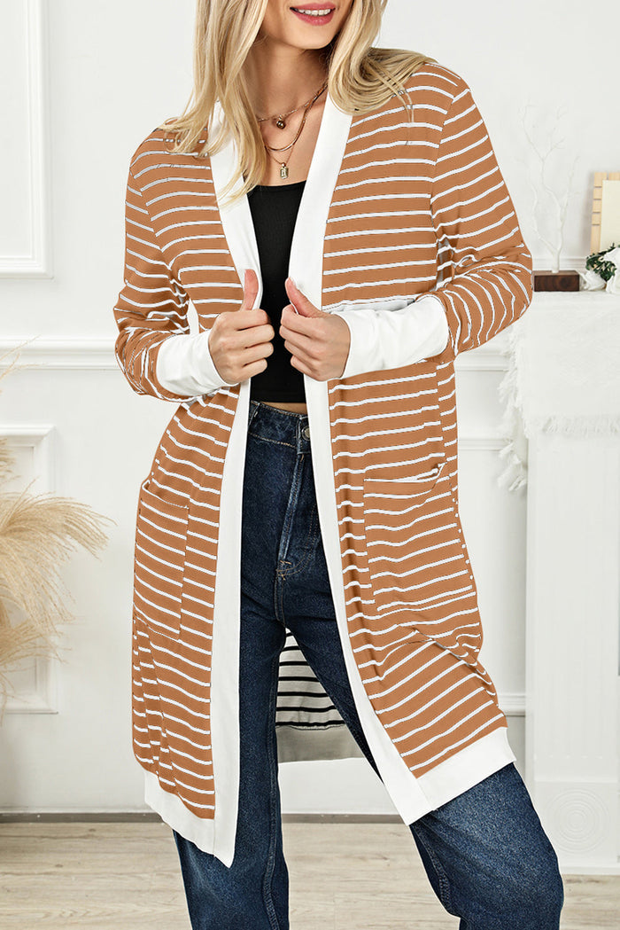 Striped Side Pockets Open Front Cardigan - BROWN / S / 95% POLYESTER + 5% ELASTANE - Sweaters & Cardigans/Cardigans
