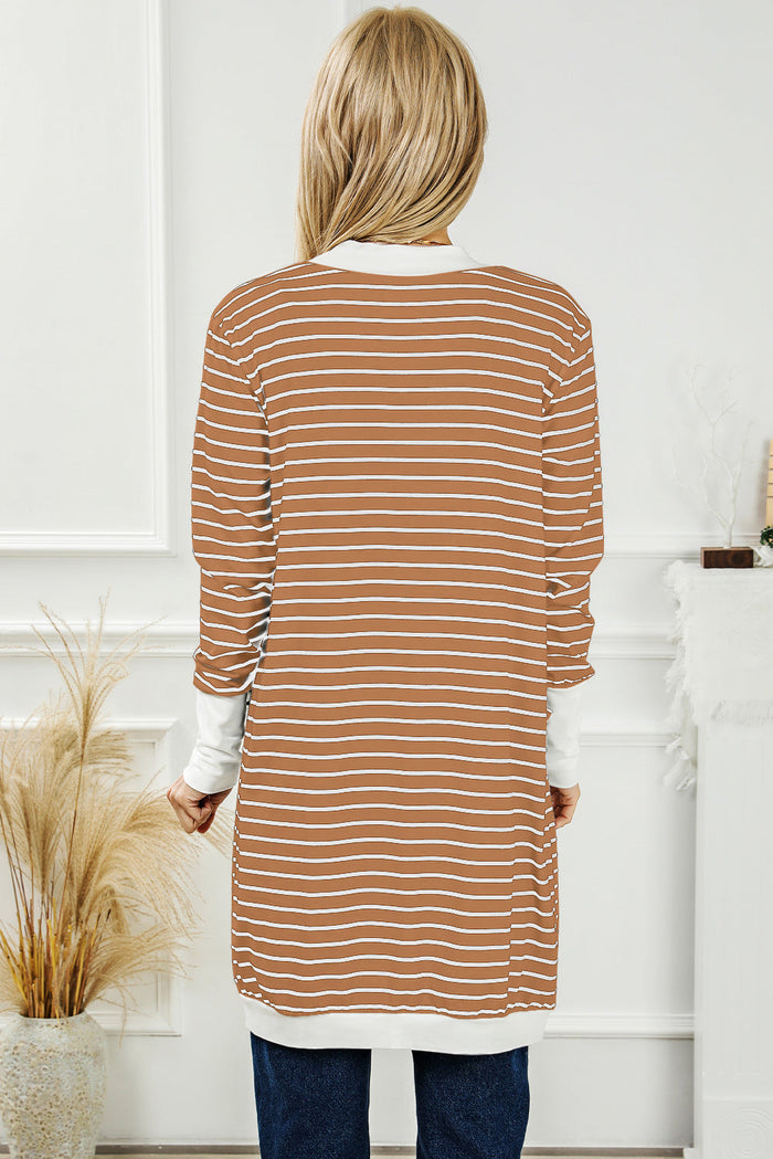 Striped Side Pockets Open Front Cardigan - Sweaters & Cardigans/Cardigans