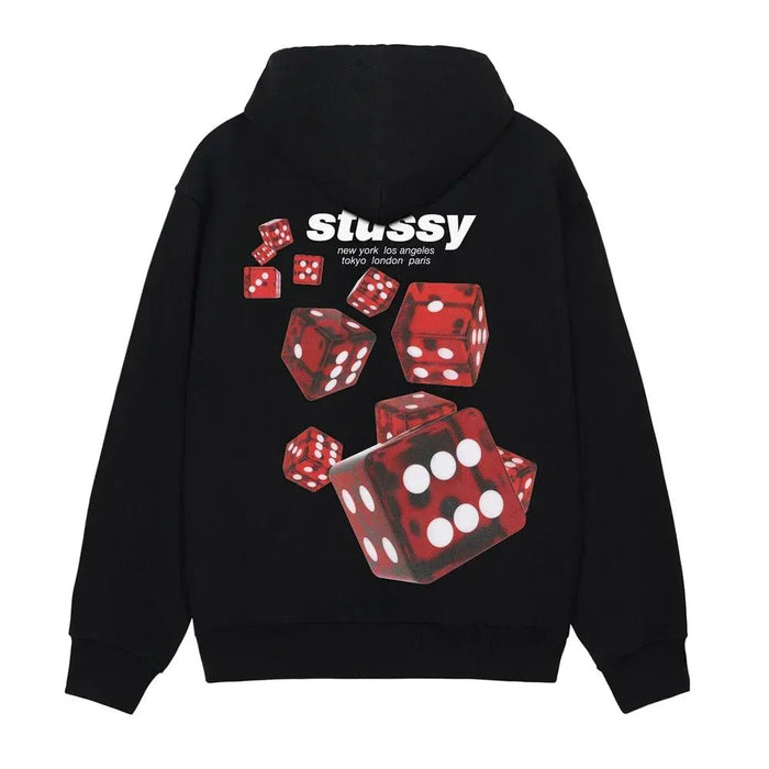 Stussy Rollers Hoodie Black back view with Rollers dice graphic