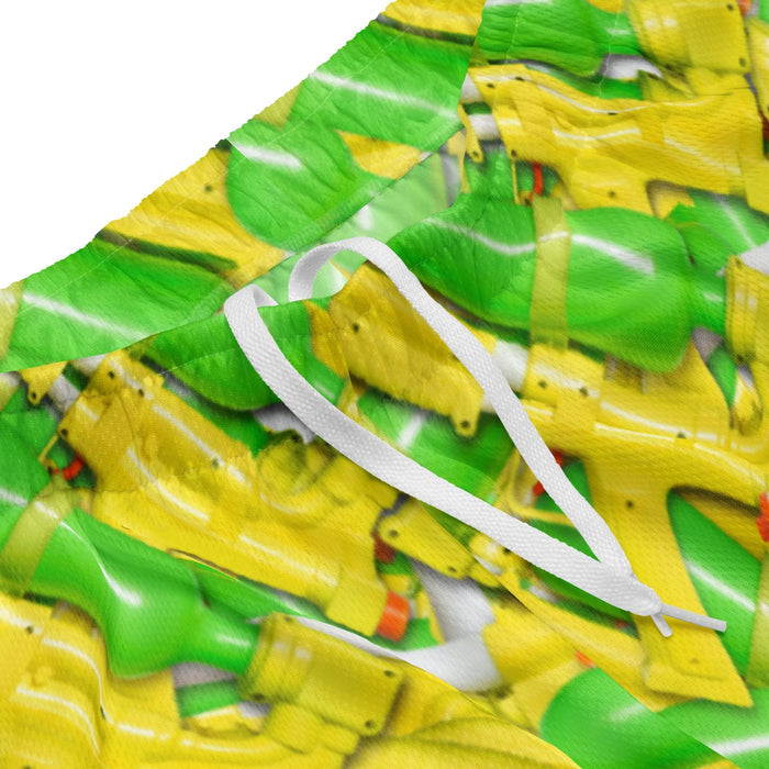 Summer Soaker Men's Gym Shorts - The chaotic accumulation of "High-Voltage Lemon" (#FFFF00) bodies and "Toxic Lime Green" (#32CD32) reservoirs, mimicking the pile of weaponry left on the grass after a water fight.
