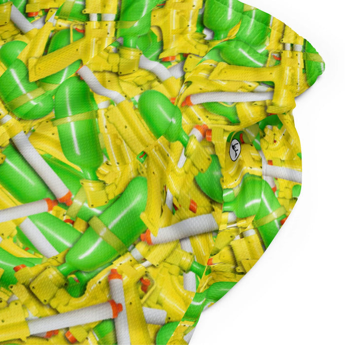 Summer Soaker Men's Gym Shorts in Electric Citrus Nostalgia. OEKO-TEX® 100, REACH Compliant, Zero-Wastewater Printing.