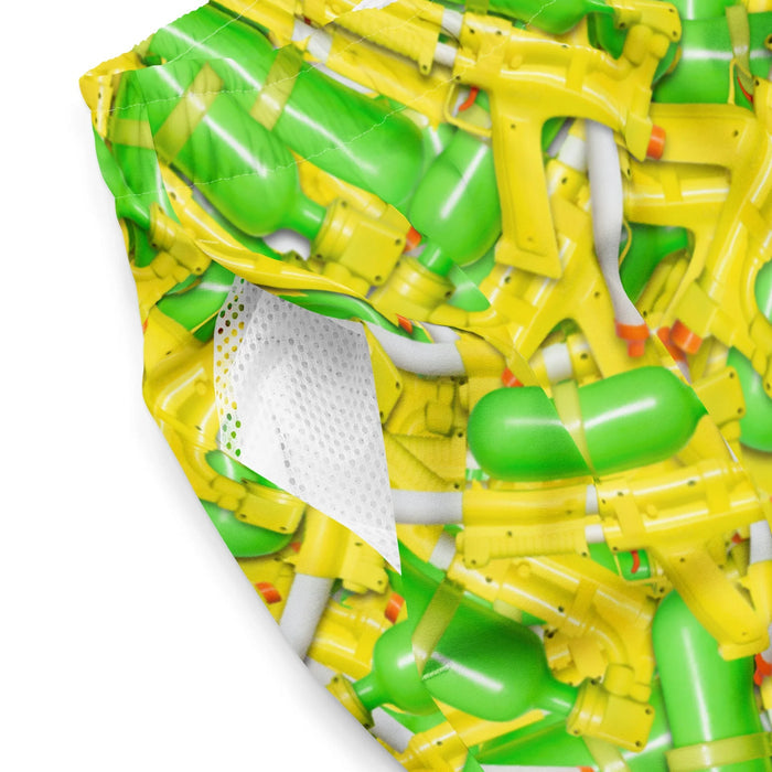 Summer Soaker Men's Swim Shorts - The unmistakable electric lemon yellow (#FCEE21) pressurized reservoirs and stark white (#FFFFFF) pump-action barrels associated with the Larami-era "CPS" water weaponry design.