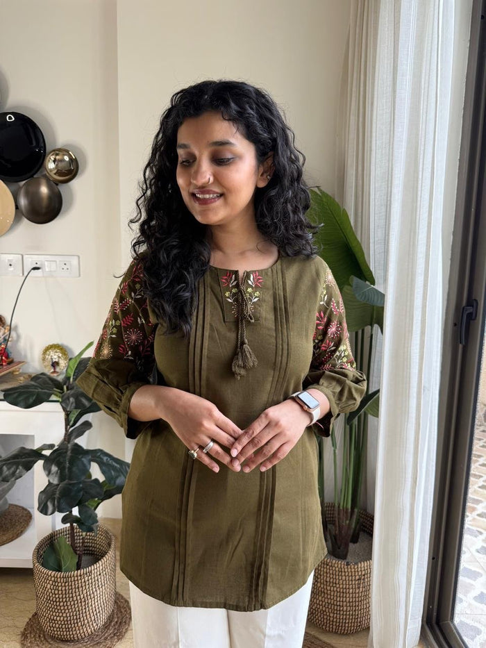 Suri Embroidered Tassel Top- Olive