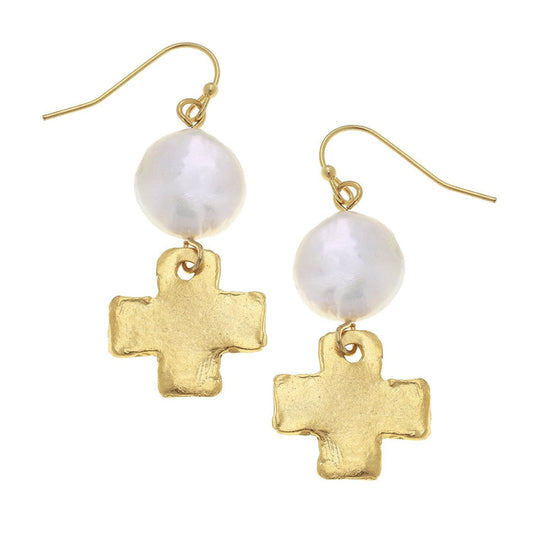 Freshwater Pearl Drop Earring with Gold Cross