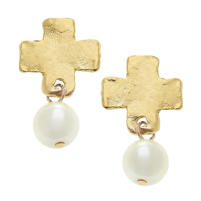 Susan Shaw Cross with Glass Pearl Earrings