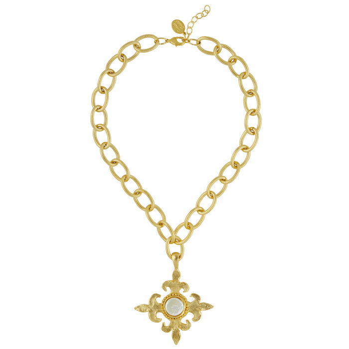 Gold necklace with wide loop chain and fleur de lis with pearl pendant