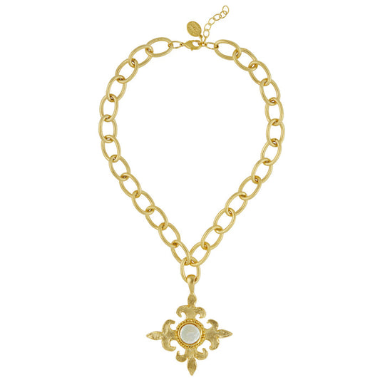 Gold necklace with wide loop chain and fleur de lis with pearl pendant
