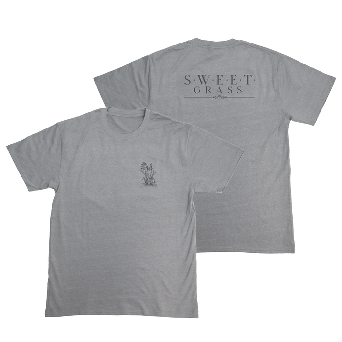 Flat lay front and back view of Sweetgrass Medicine Tee in grey with symbolic text