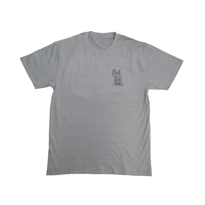 Flat lay front view of Sweetgrass Medicine Tee in grey