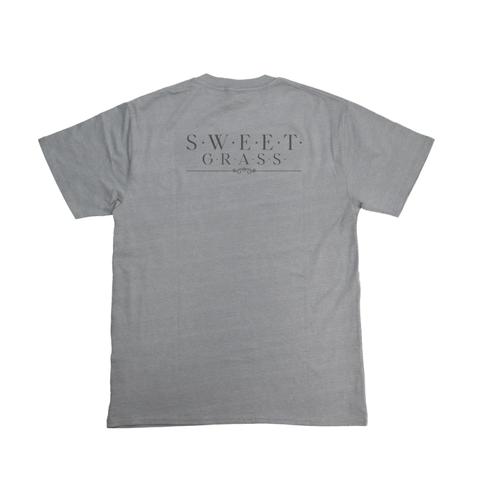 Flat lay back view of Sweetgrass Medicine Tee in grey