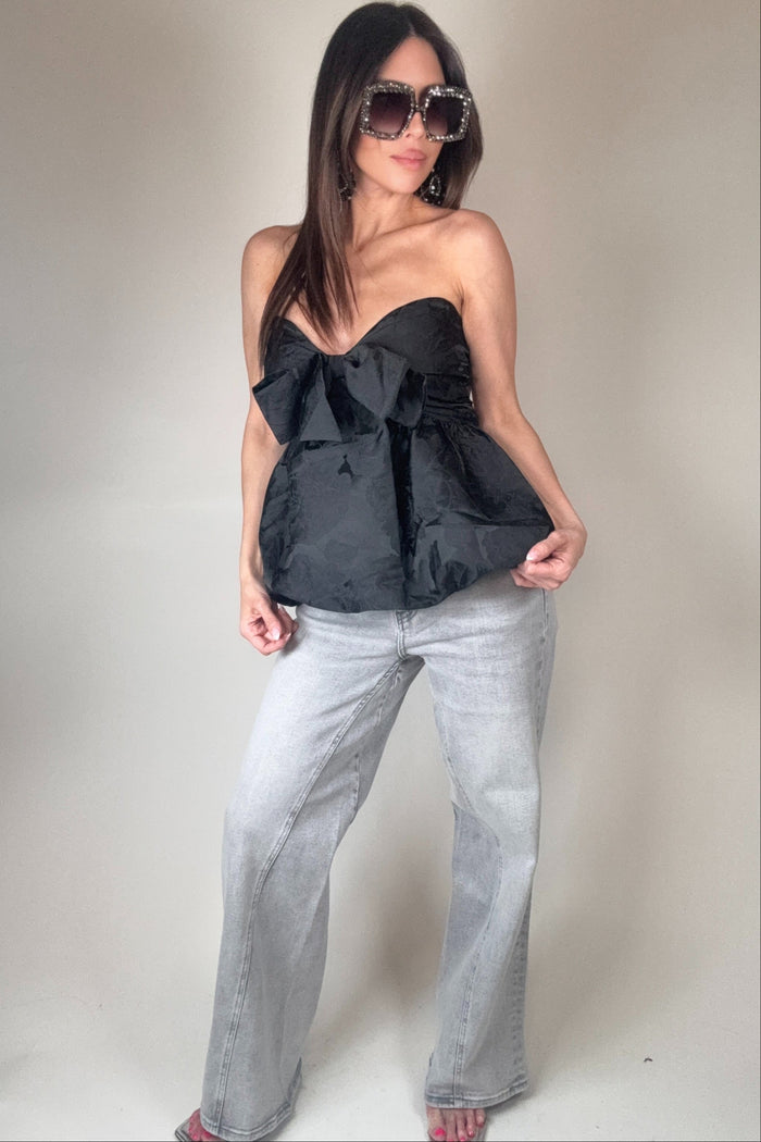 Style the Sweetheart Bow Ruched Bubble Hem Strapless Top exclusively at Born To Glam