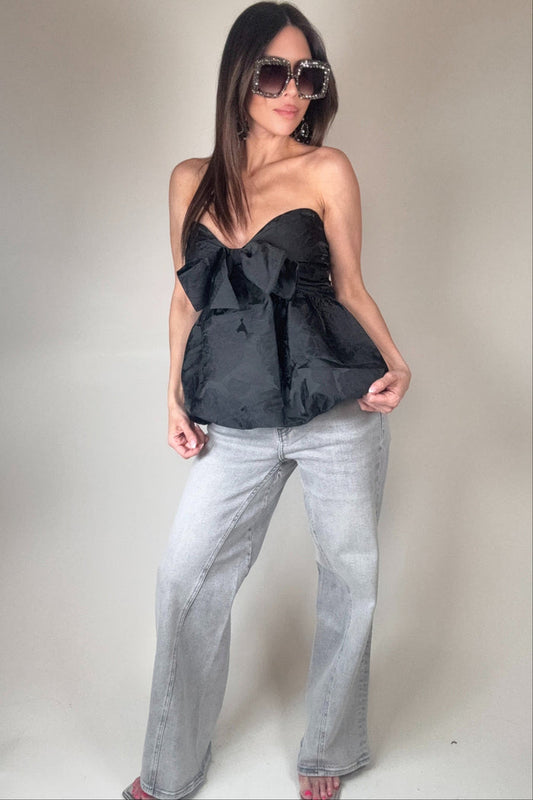 Style the Sweetheart Bow Ruched Bubble Hem Strapless Top exclusively at Born To Glam