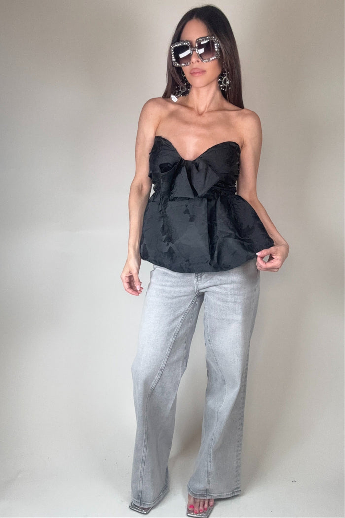 Style the Sweetheart Bow Ruched Bubble Hem Strapless Top exclusively at Born To Glam