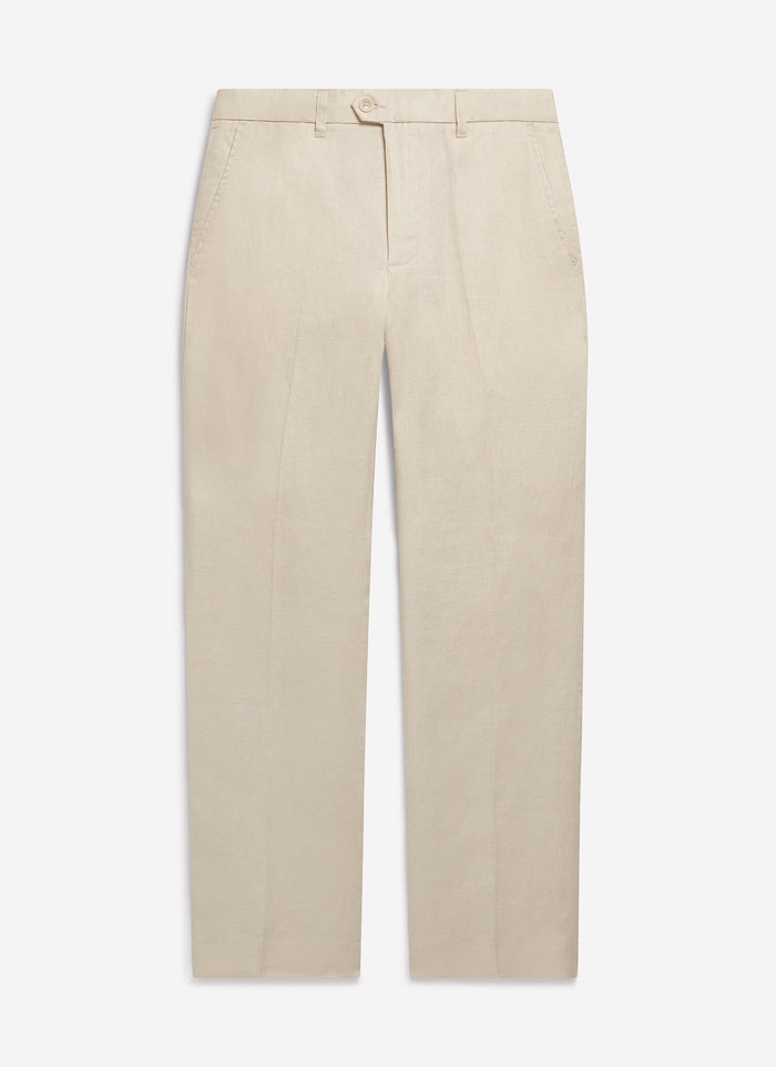 Percival men's cream tailored linen trousers with a straight leg fit, shown from the front.