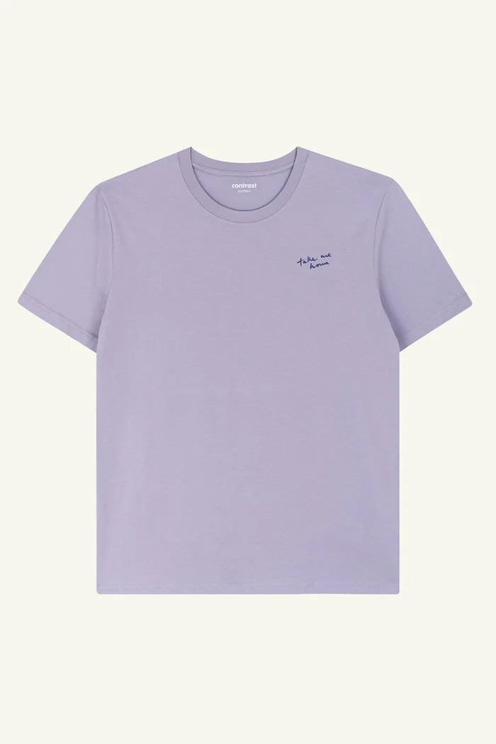 Contrast Take Me Home graphic t-shirt in Lavender, organic cotton designer graphic tee with UFO illustration.