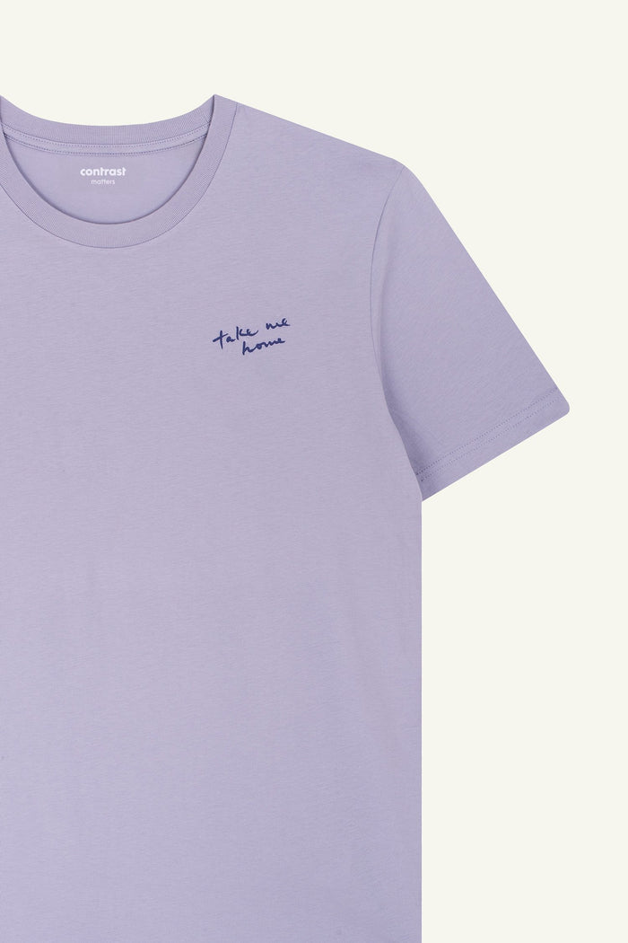 Lavender organic cotton t-shirts by Contrast, Take Me Home graphic t-shirt cosmic look.