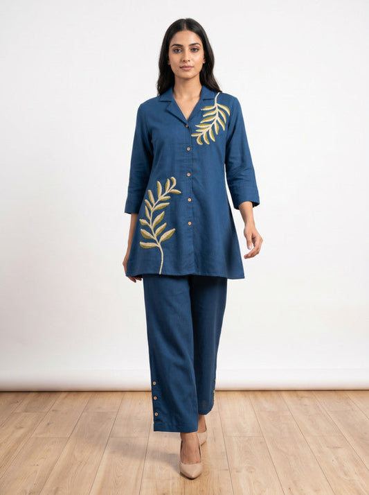 Teal Casual Chic Leaf Embroidered Button-Down Tunic & Trouser Cotton Co-ord Set