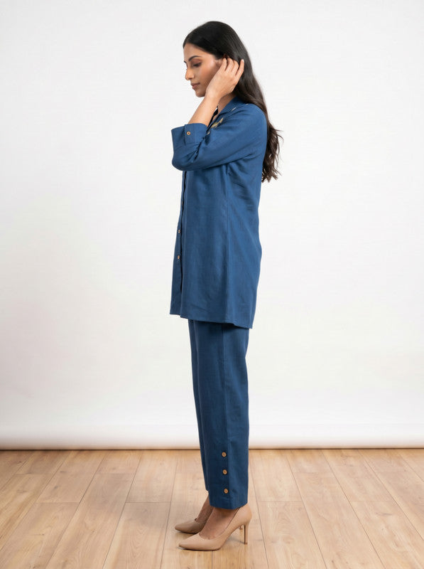 Teal Casual Chic Leaf Embroidered Button-Down Tunic & Trouser Cotton Co-ord Set