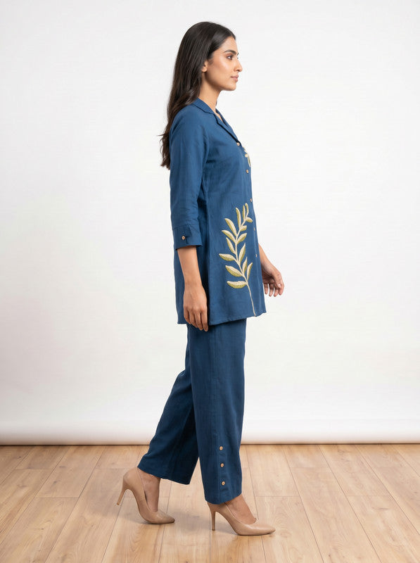 Teal Casual Chic Leaf Embroidered Button-Down Tunic & Trouser Cotton Co-ord Set