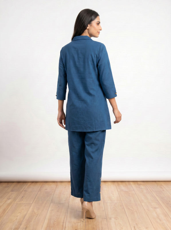 Teal Casual Chic Leaf Embroidered Button-Down Tunic & Trouser Cotton Co-ord Set