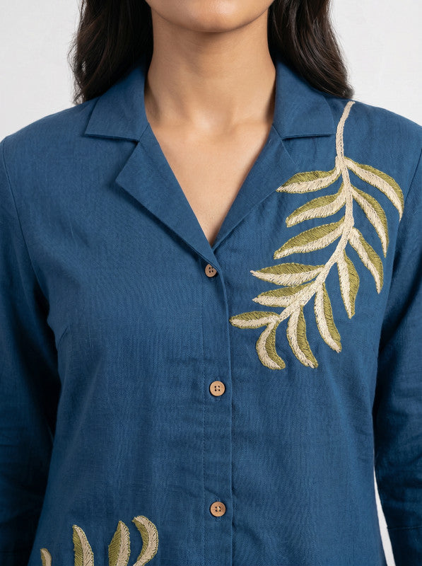 Teal Casual Chic Leaf Embroidered Button-Down Tunic & Trouser Cotton Co-ord Set