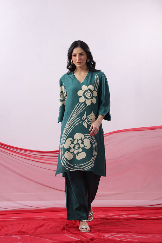 Teal Green Floral Printed Russian Silk Co-ord Set