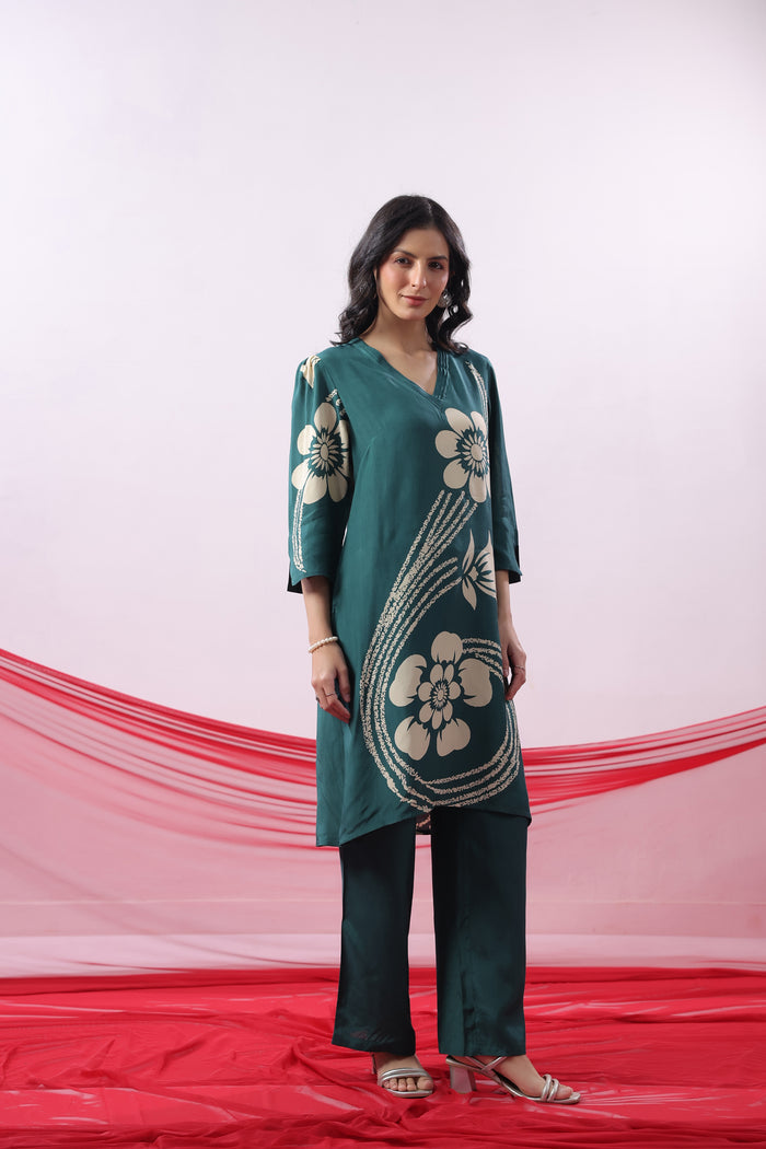 Teal Green Floral Printed Russian Silk Co-ord Set