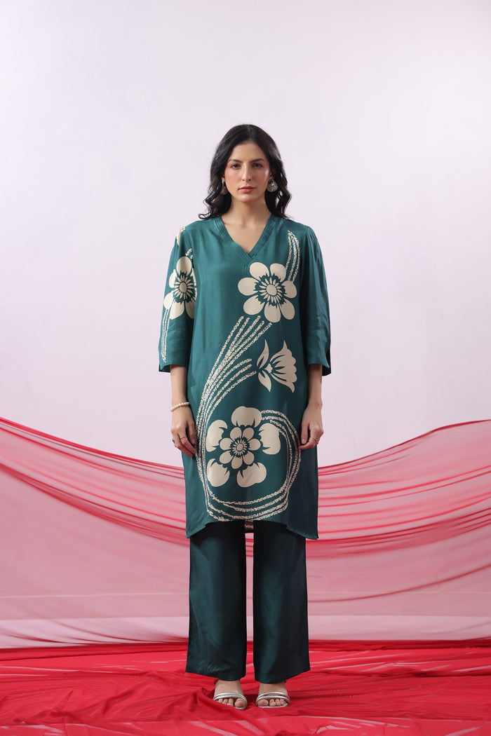 Teal Green Floral Printed Russian Silk Co-ord Set