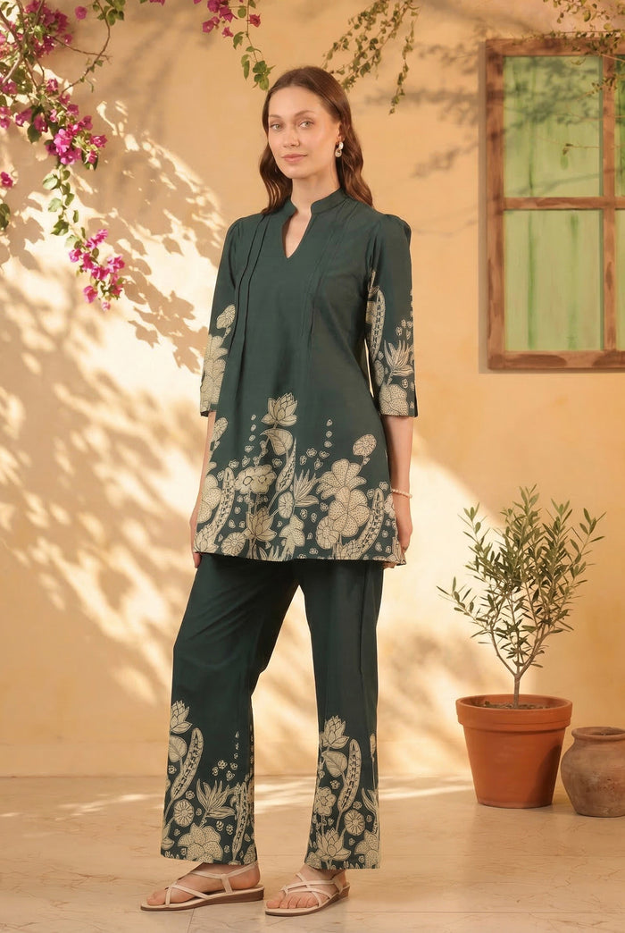 Teal Green Floral Statement Printed Cotton Co-ord Set