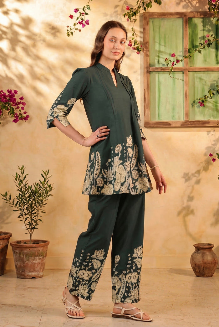 Teal Green Floral Statement Printed Cotton Co-ord Set