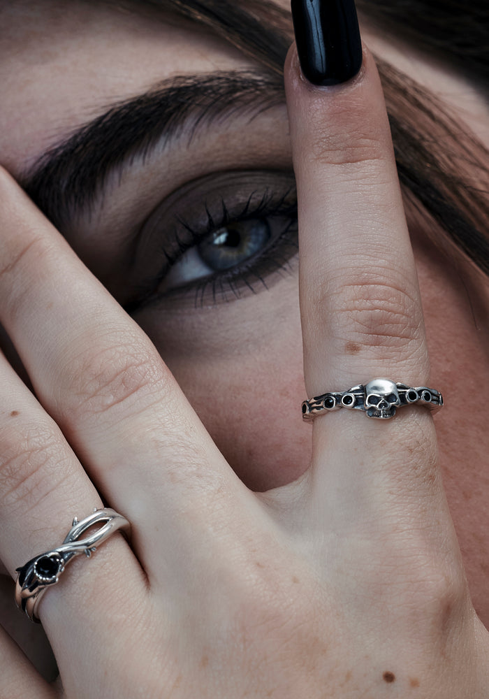 Teara Skull Sterling Silver Black Spinel Ring