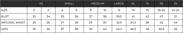 Size chart for clothing with measurements