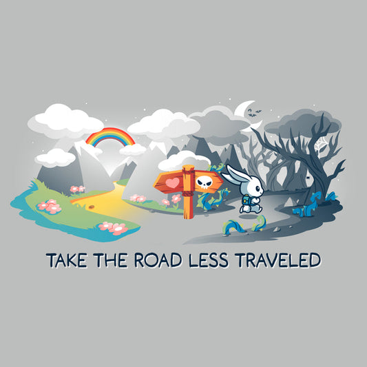 Premium Cotton T-shirt_TeeTurtle The Road Less Traveled silver gray t-shirt featuring an illustration of a rabbit at a crossroads, one path leading to a vibrant, colorful landscape under a rainbow, and the other to a dark forest; text below reads "TAKE THE ROAD LESS TRAVELED."
