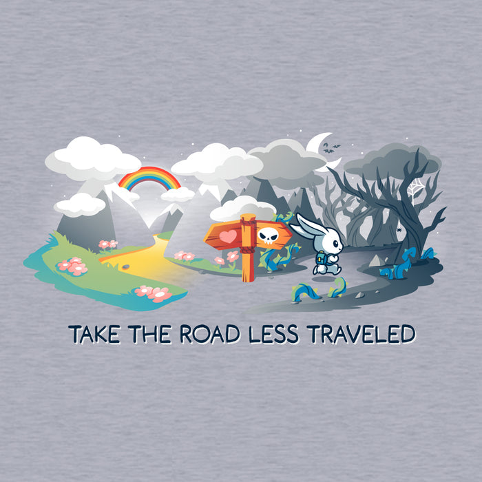 Classic Cotton T-shirt_TeeTurtle The Road Less Traveled heather gray t-shirt featuring an illustration of a rabbit at a crossroads, one path leading to a vibrant, colorful landscape under a rainbow, and the other to a dark forest; text below reads "TAKE THE ROAD LESS TRAVELED."