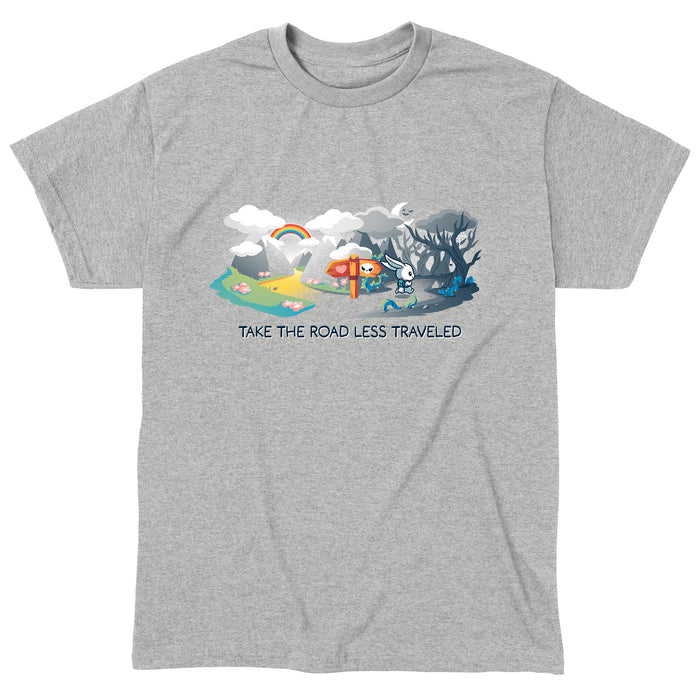Classic Cotton T-shirt_TeeTurtle The Road Less Traveled heather gray t-shirt featuring an illustration of a rabbit at a crossroads, one path leading to a vibrant, colorful landscape under a rainbow, and the other to a dark forest; text below reads "TAKE THE ROAD LESS TRAVELED."