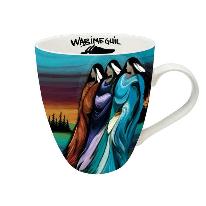 Mug with artistic depiction of figures and 'Wabimeguil' branding on a white background