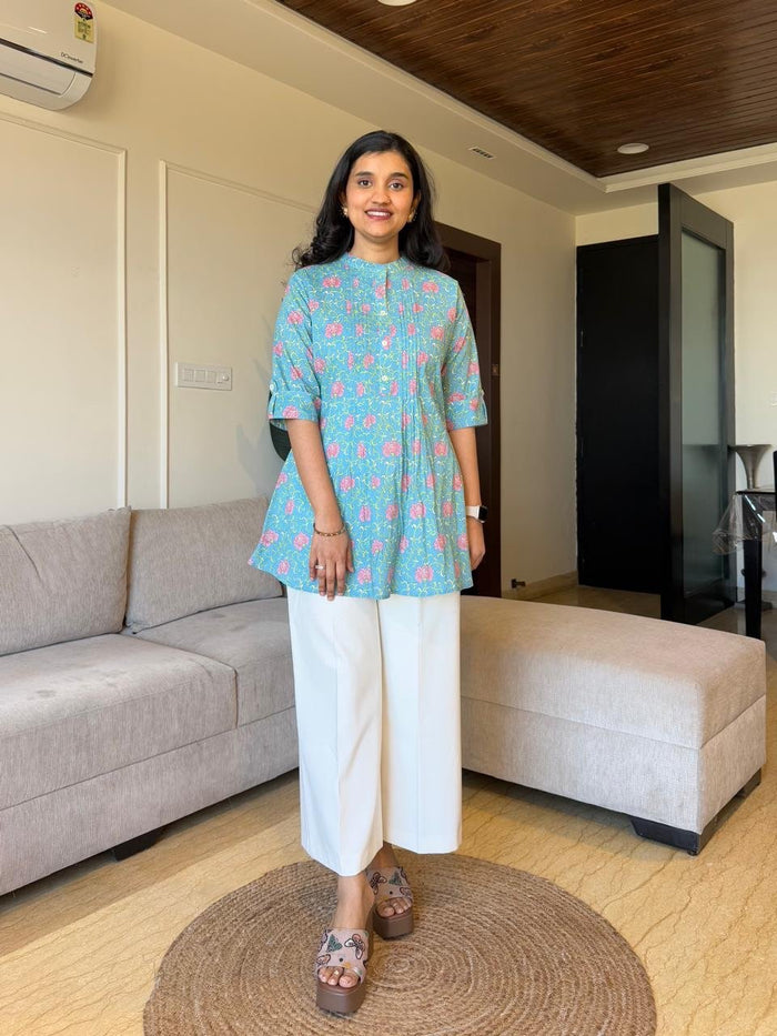 Tira Pintuck Cotton Top- Blue Florals