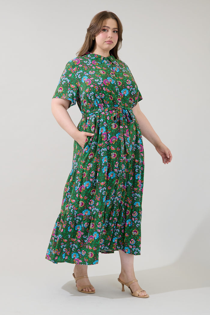Tobie Belted Button Down Maxi Dress Botanical Curve