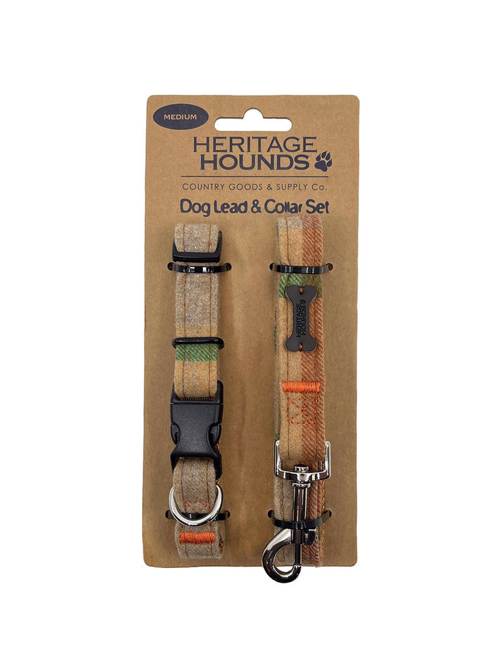 Tweed Dog Lead & Collar Set - Camel Check #color_camel-check