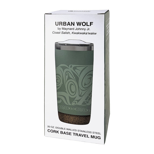 Green travel mug with cork base packaging featuring 'Urban Wolf' branding.