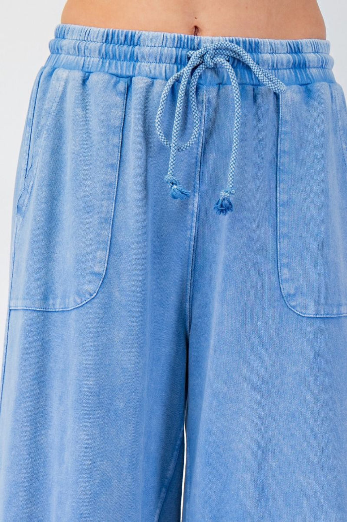 WASHED TERRY KNIT WIDE LEG PANTS, CORNFLOWER BLUE