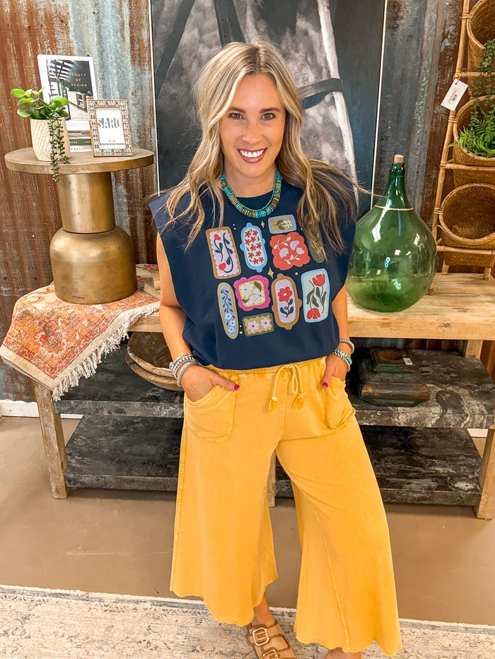 WASHED TERRY KNIT WIDE LEG PANTS, MUSTARD