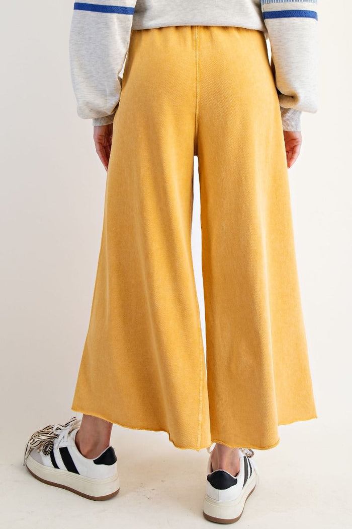 WASHED TERRY KNIT WIDE LEG PANTS, MUSTARD