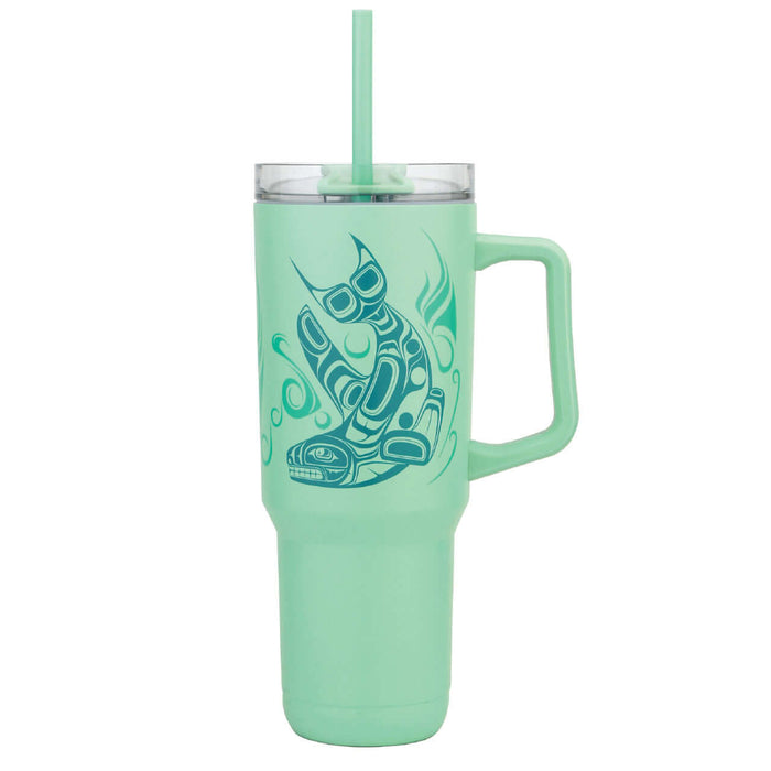 Whale Insulated Tumbler with Indigenous art design and straw, featuring ergonomic handle and 40 oz capacity.