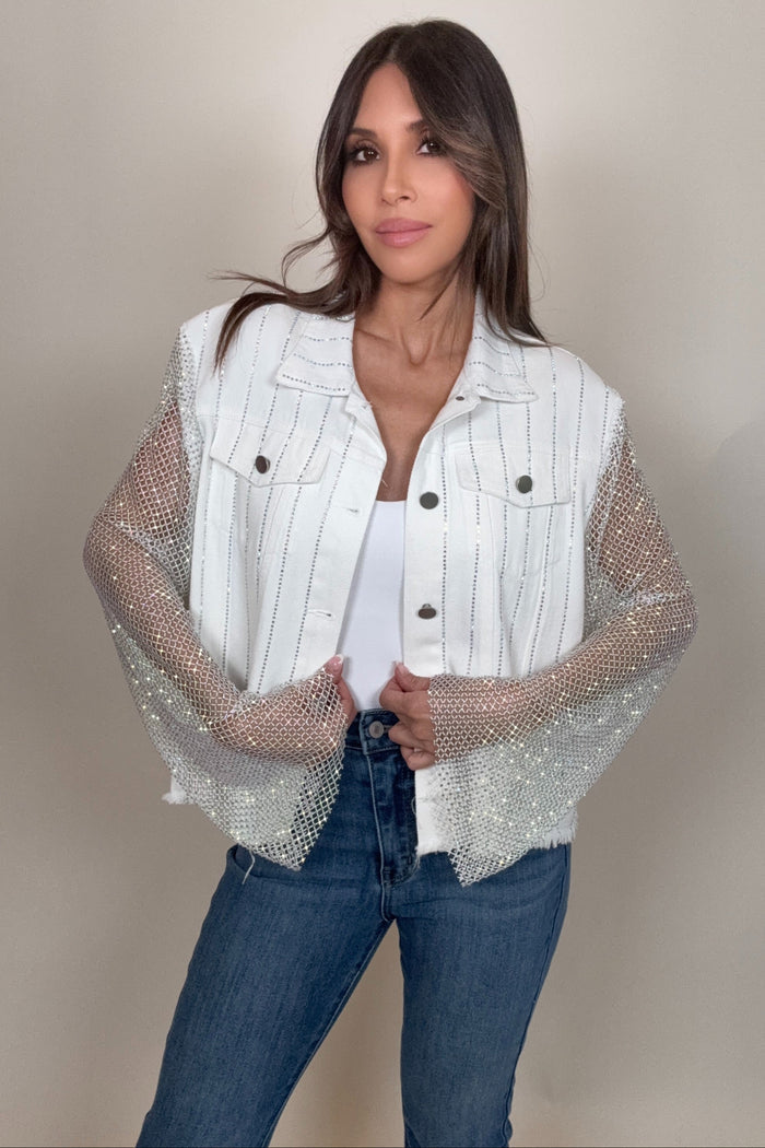 Style the White Denim Crystal Mesh Sleeve Jacket exclusively at Born To Glam