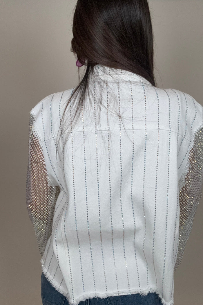 Style the White Denim Crystal Mesh Sleeve Jacket exclusively at Born To Glam
