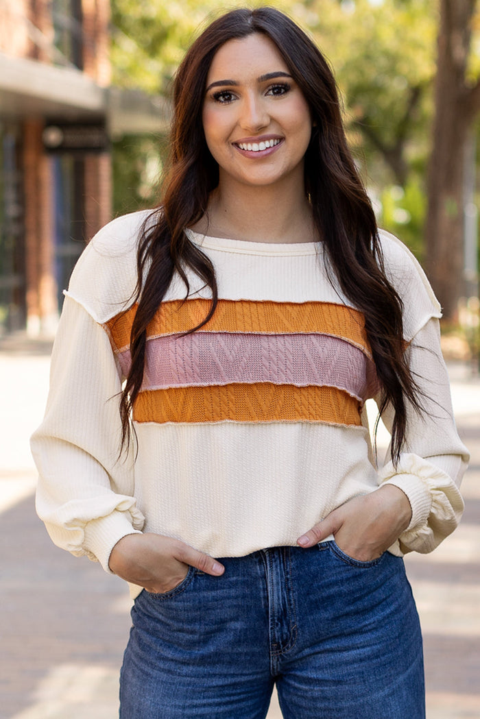 White Ribbed Exposed Seam Knit Patchwork Drop Sleeve Top - S / 95% Polyester + 5% Elastane - Tops/Long Tops