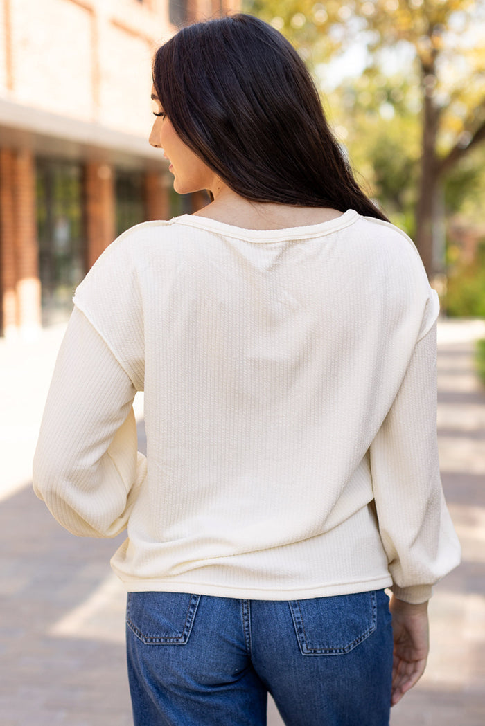 White Ribbed Exposed Seam Knit Patchwork Drop Sleeve Top - Tops/Long Tops