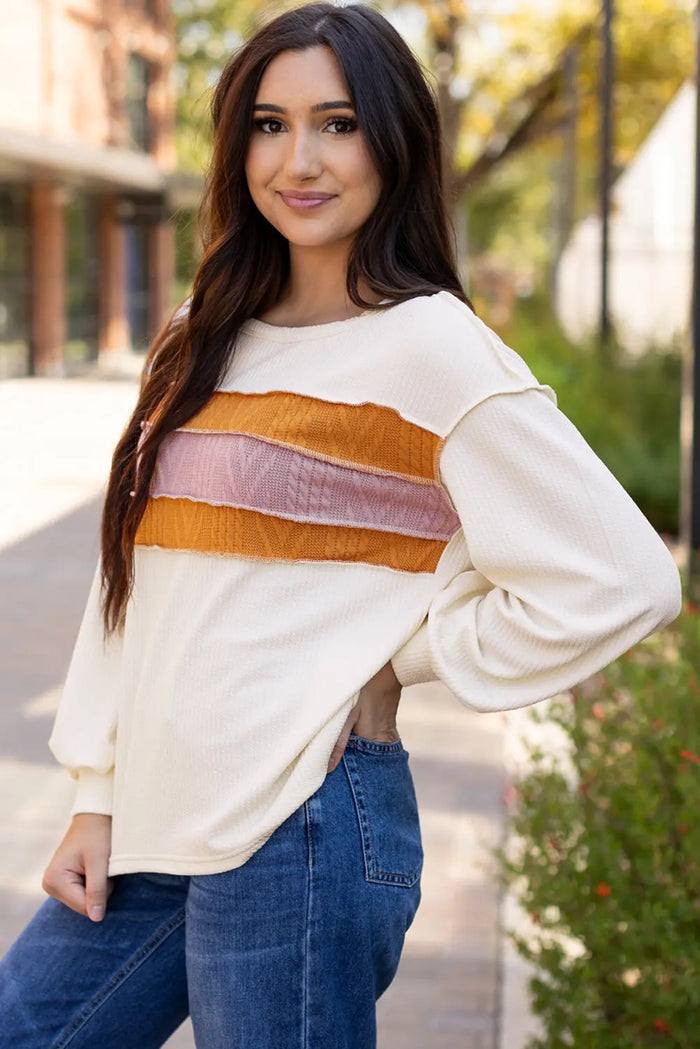 White Ribbed Exposed Seam Knit Patchwork Drop Sleeve Top - Tops/Long Tops