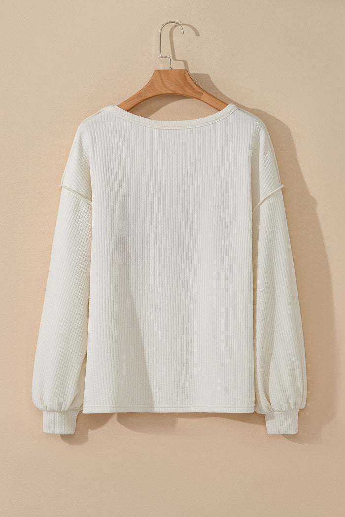 White Ribbed Exposed Seam Knit Patchwork Drop Sleeve Top - Tops/Long Tops